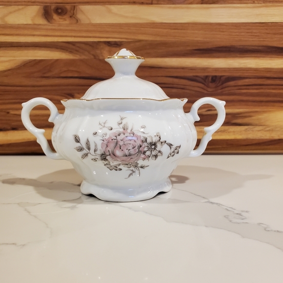 Bohemian China Maria sugar bowl with lid and 2 cups, pink, white, gold - Picture 9 of 16